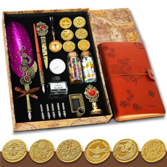 Feather Quill Pen Ink Set Wax Seal Stamp Leather Notebook Calligraphy - Picture 5 of 7